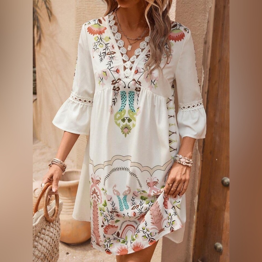 Boho Print Lace Hem Midi dress all sizes - Picture 2 of 6